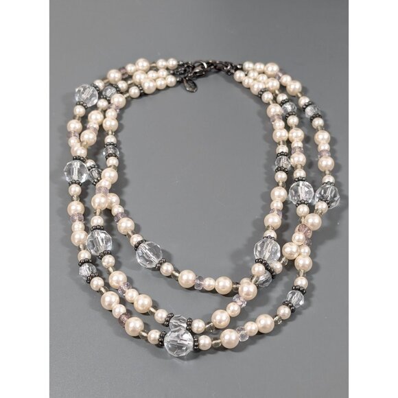 Cookie Lee White Faux Pearl Layered Convertible Statement Necklace Gray Metallic - Picture 2 of 10